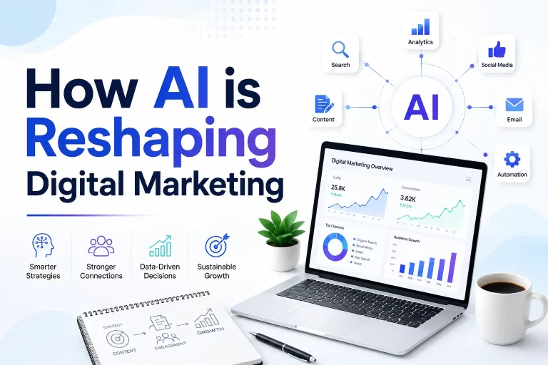 How AI is Reshaping Digital Marketing article cover featuring AI-powered search, analytics, content strategy, and digital marketing technology.